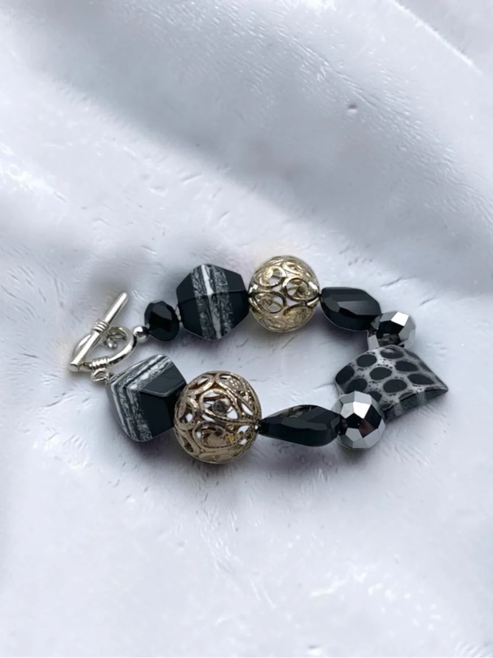 Handcrafted Black and Silver Beaded Toggle Bracelet